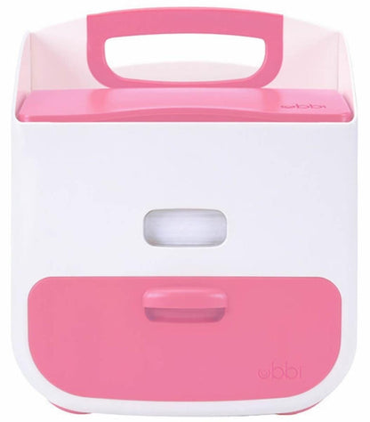 Obbi white and pink plastic diaper caddy with a top handle and drawer