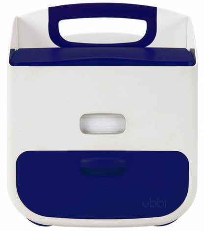 Ubbi white and blue plastic diaper caddy with handle