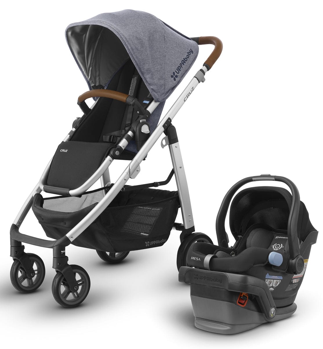 UPPAbaby 2018 Cruz + Mesa Travel System - Gregory (Blue Melange/Silver/Saddle Leather)