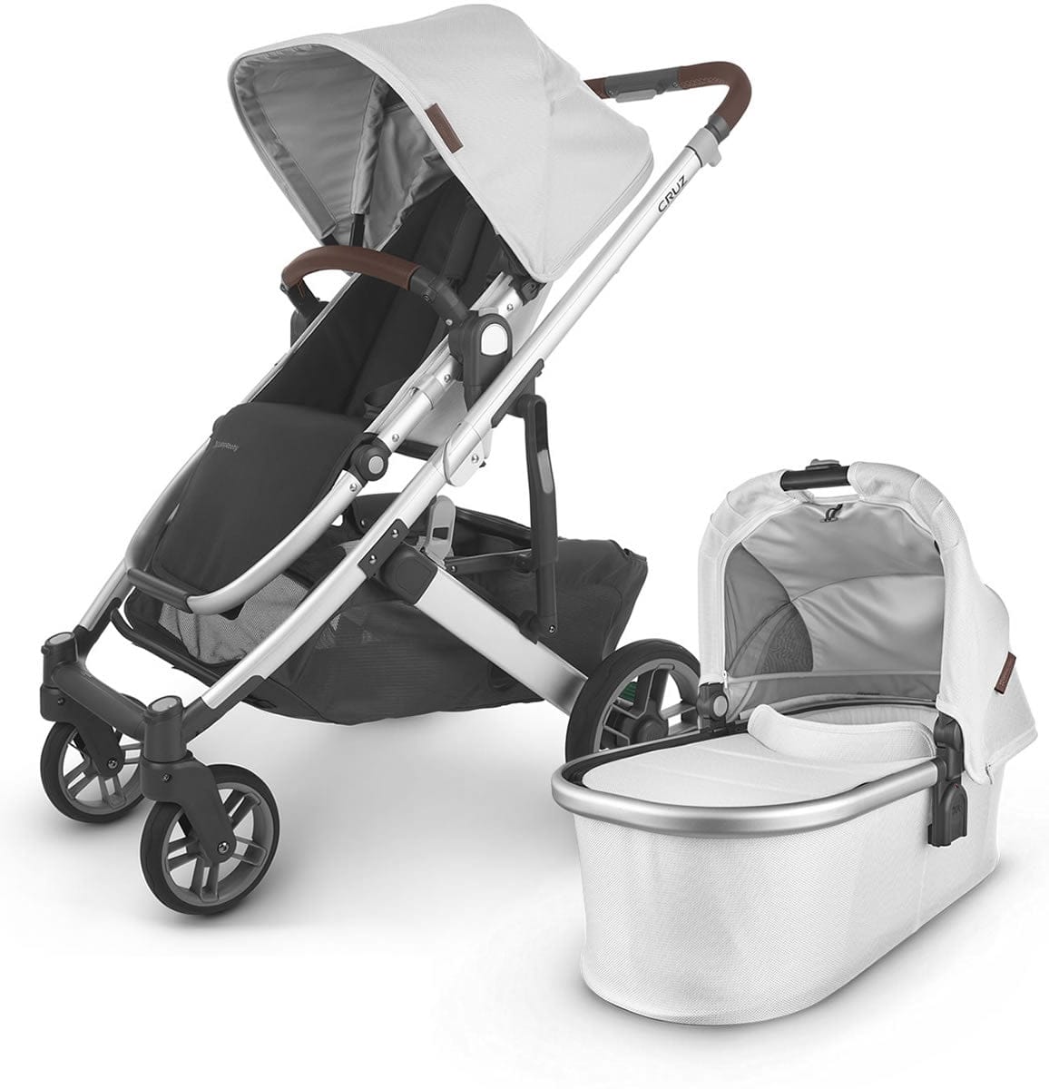 UPPAbaby Cruz V2 Stroller + Bassinet - Bryce (White Marl/Silver/Chestnut Leather)