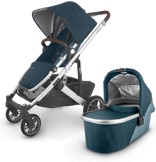 UPPAbaby Cruz V2 Stroller + Bassinet - Finn (Deep Sea/Silver/Chestnut Leather) - 0420-CRZ-BAS-FIN