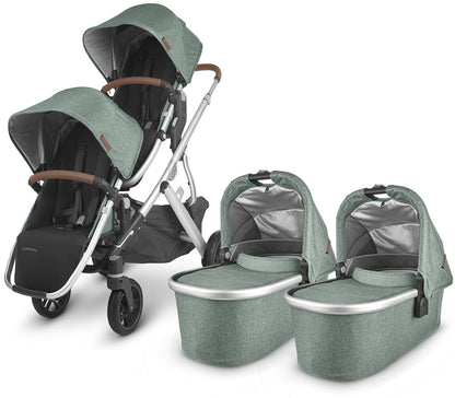 UPPAbaby Vista V2 Twin Double Stroller Bundle - Emmett (Green Melange/Silver/Saddle Leather)
