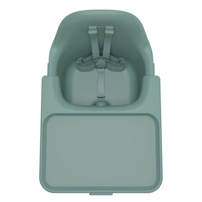 Sage green UPPAbaby high chair seat with integrated tray and five point harness