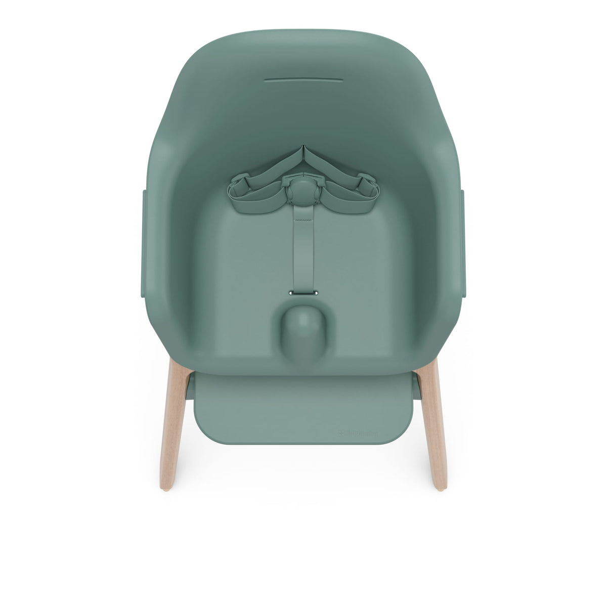 UPPAbaby sage green high chair with wooden legs and safety harness