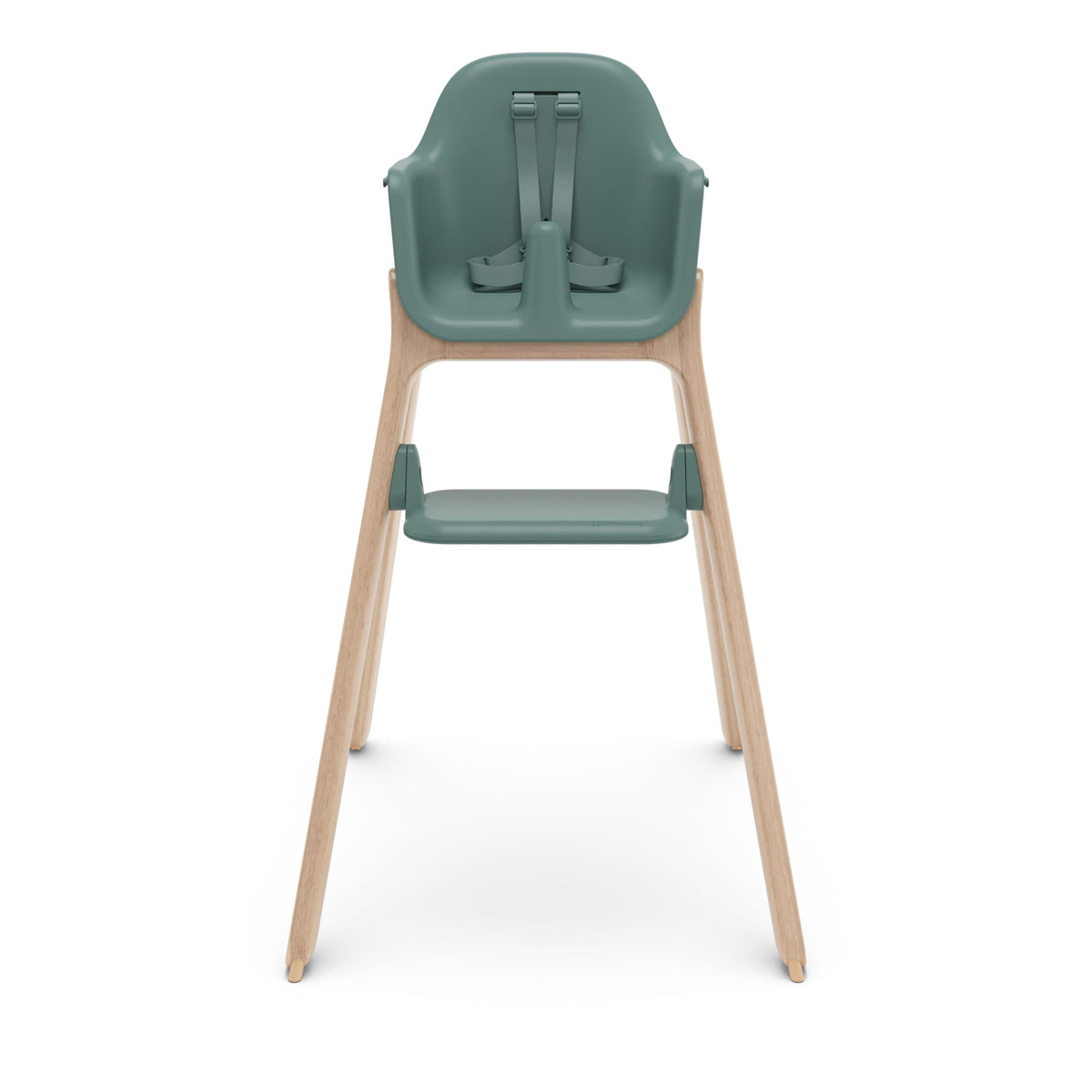 UPPAbaby green high chair with wooden legs and harness