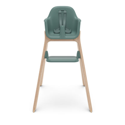 UPPAbaby green high chair with wooden legs and harness