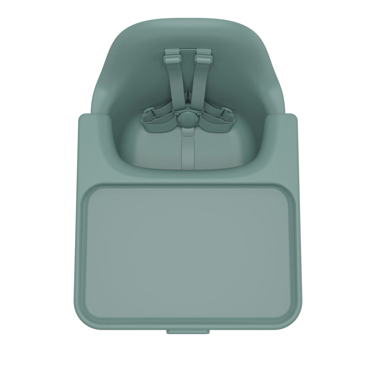 Top view of UPPAbaby sage green high chair seat with integrated tray and safety harness