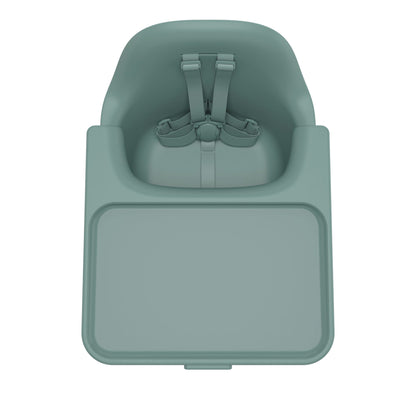 Top view of UPPAbaby sage green high chair seat with integrated tray and safety harness