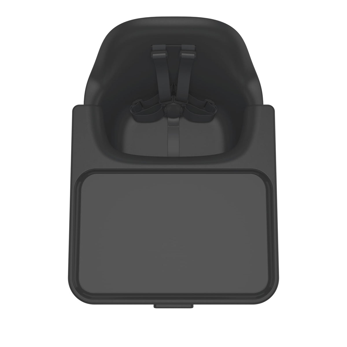 Top view of black high chair seat with tray and safety harness
