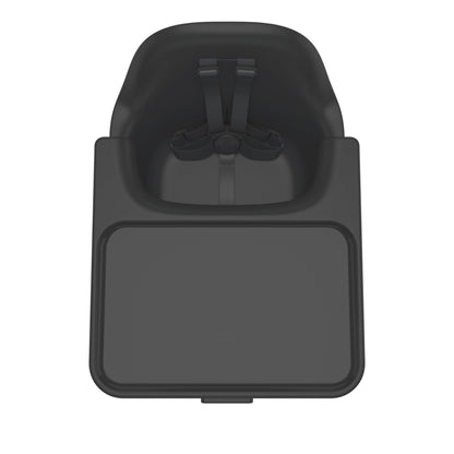 Top view of black high chair seat with tray and safety harness