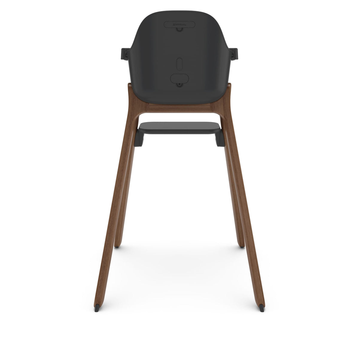 Back view of UPPAbaby high chair with dark grey seat and wooden legs