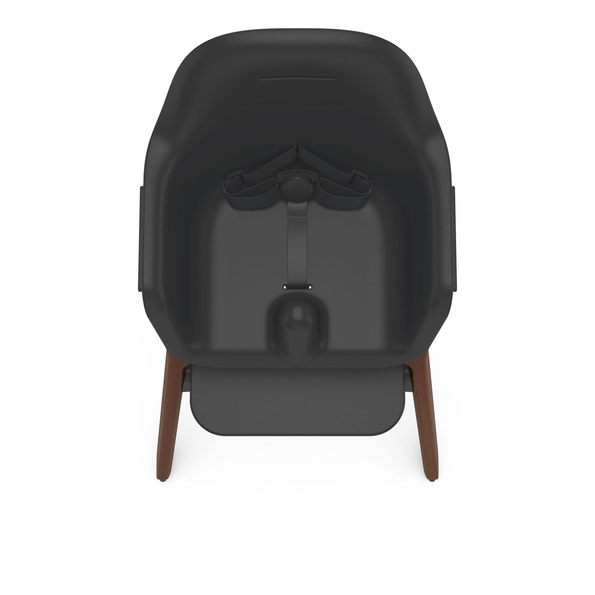 Uppababy high chair with black seat and wooden legs viewed from above