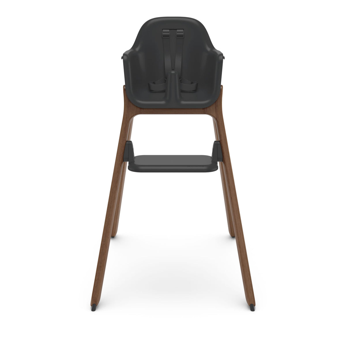 Charcoal grey high chair with wooden legs and safety harness