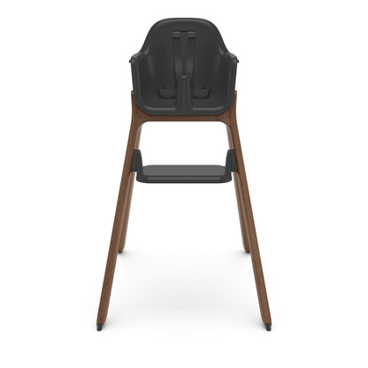 Charcoal grey high chair with wooden legs and safety harness
