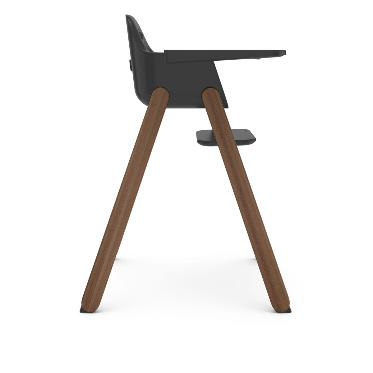 Side view of UPPAbaby high chair with dark grey seat and wooden legs