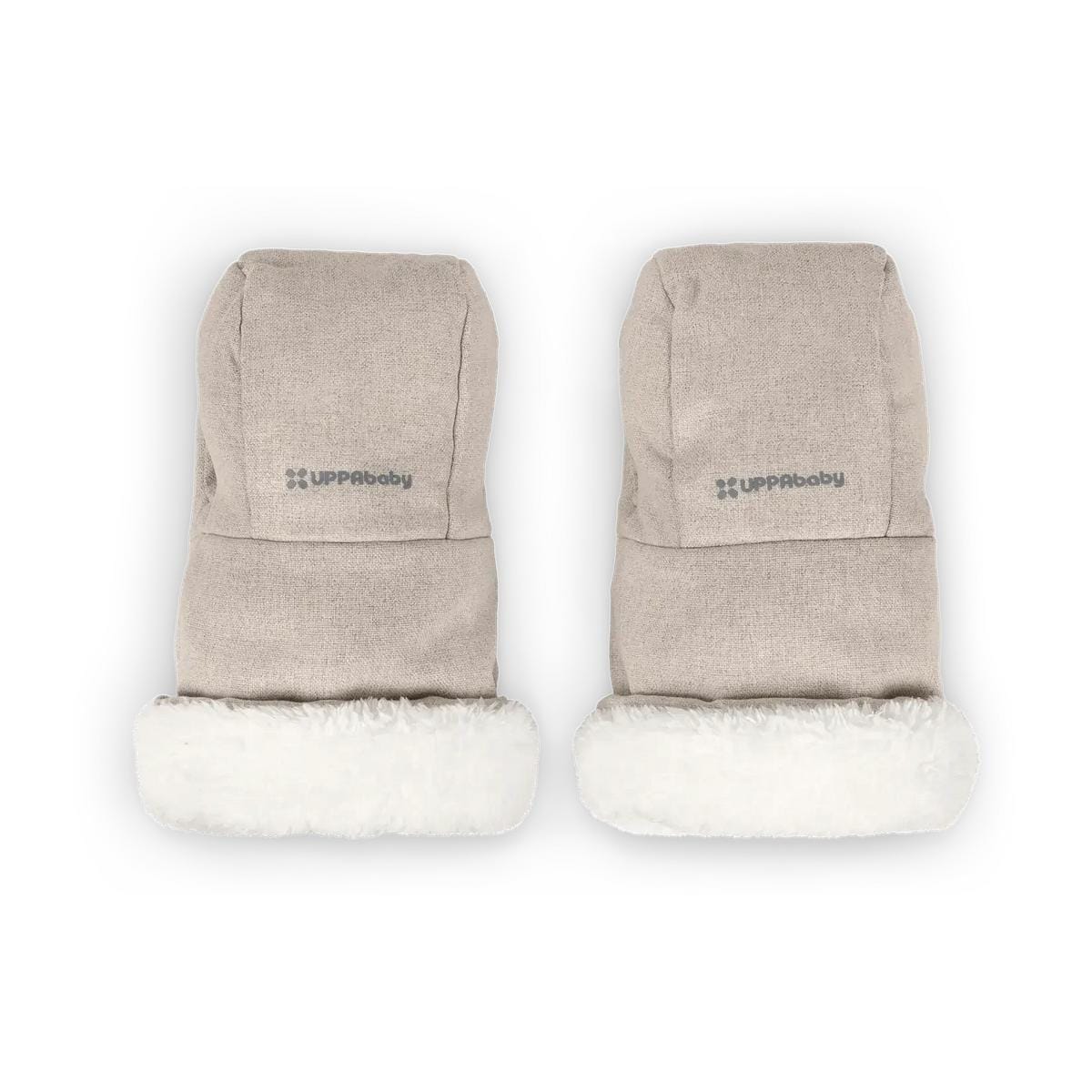 Pair of UPPAbaby beige stroller mittens with white faux fur cuffs