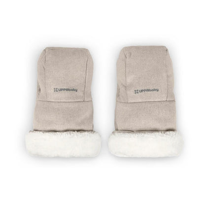 Pair of UPPAbaby beige stroller mittens with white faux fur cuffs