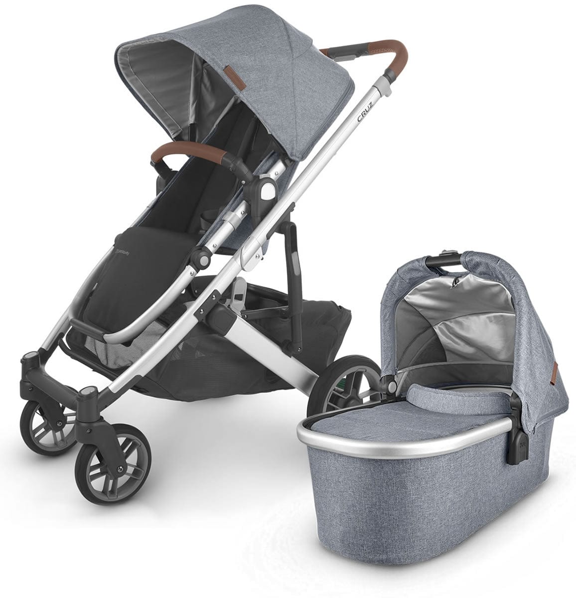 UPPAbaby Cruz V2 Stroller + Bassinet - Gregory (Blue Melange/Silver/Saddle Leather) - 0420-CRZ-BAS-GRG