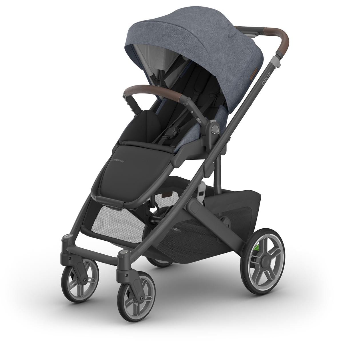 Dusty blue melange full-size stroller by UPPAbaby with carbon frame, chestnut leather accents, and mesh storage basket, side view