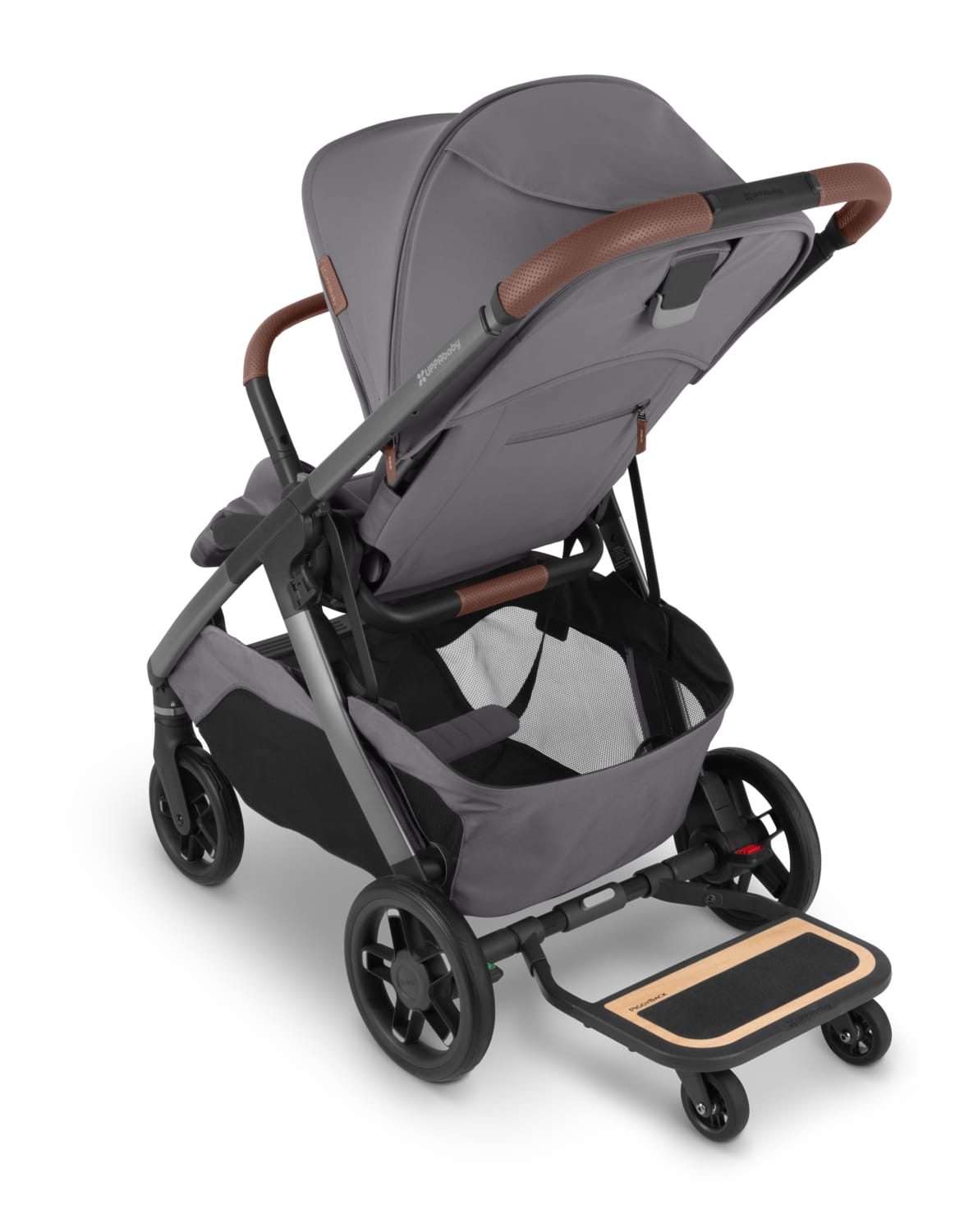 UPPAbaby stroller with grey seat and attached PiggyBack ride along board