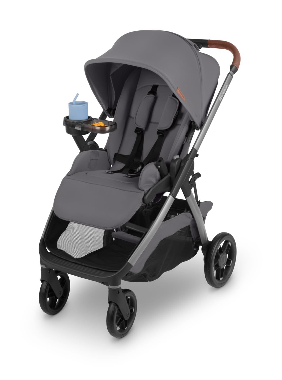 UPPAbaby grey stroller with snack tray and blue cup