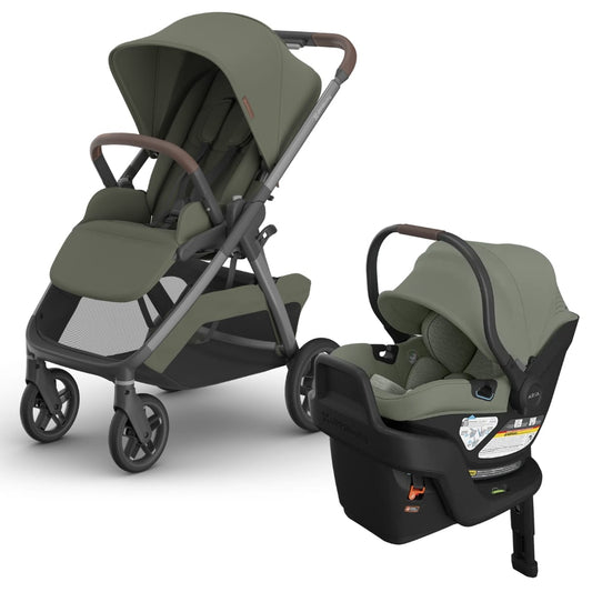 UPPAbaby olive green stroller and matching infant car seat with base
