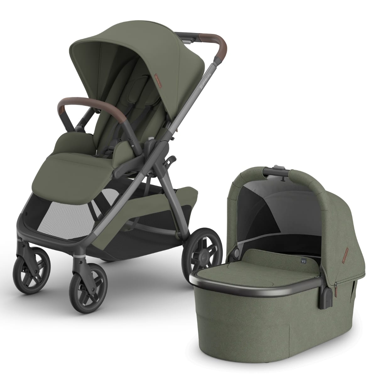 UPPAbaby olive green stroller with matching bassinet