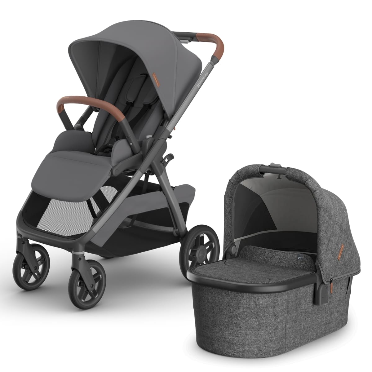 UPPAbaby grey stroller with matching bassinet