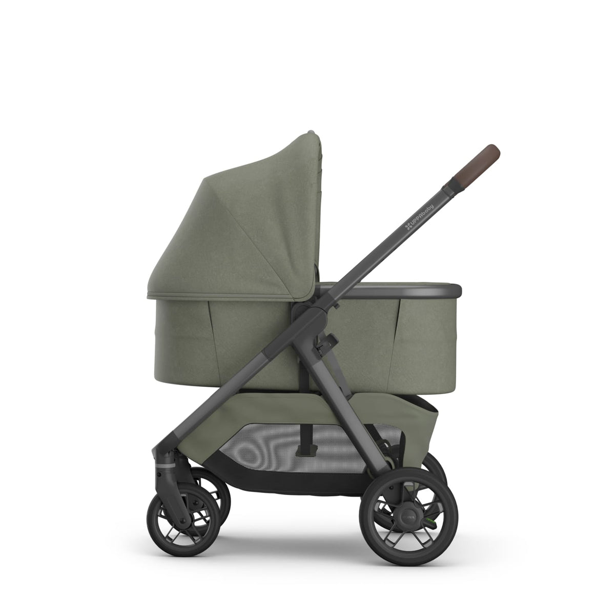 UPPAbaby stroller with olive green bassinet and black frame