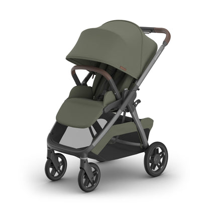 UPPAbaby olive green stroller with brown leather handle and bumper bar
