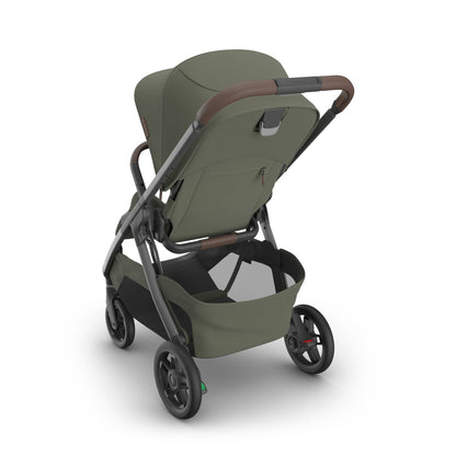 Rear view of olive green UPPAbaby stroller with brown leather handle