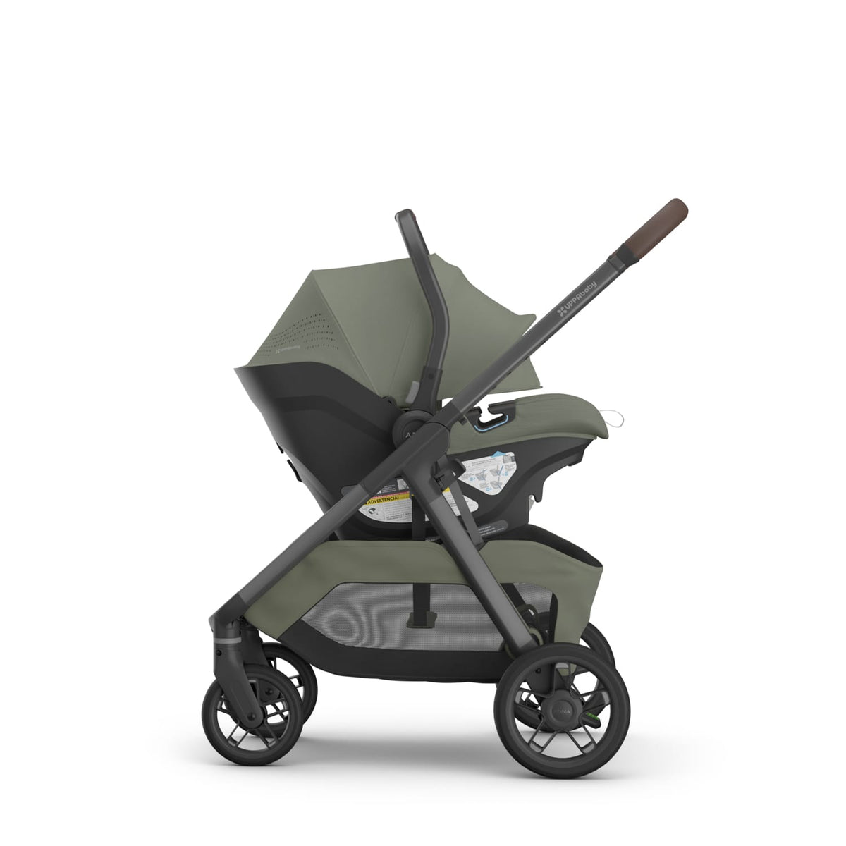 UPPAbaby Mesa infant car seat attached to a Vista stroller frame in olive green