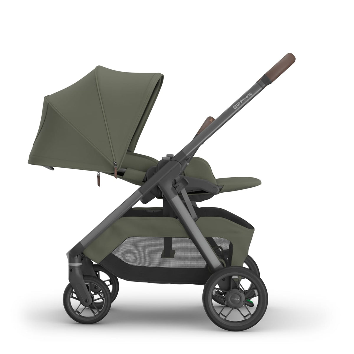 Olive green UPPAbaby stroller with brown leather handle and storage basket