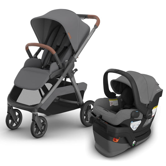 UPPAbaby grey stroller and matching infant car seat