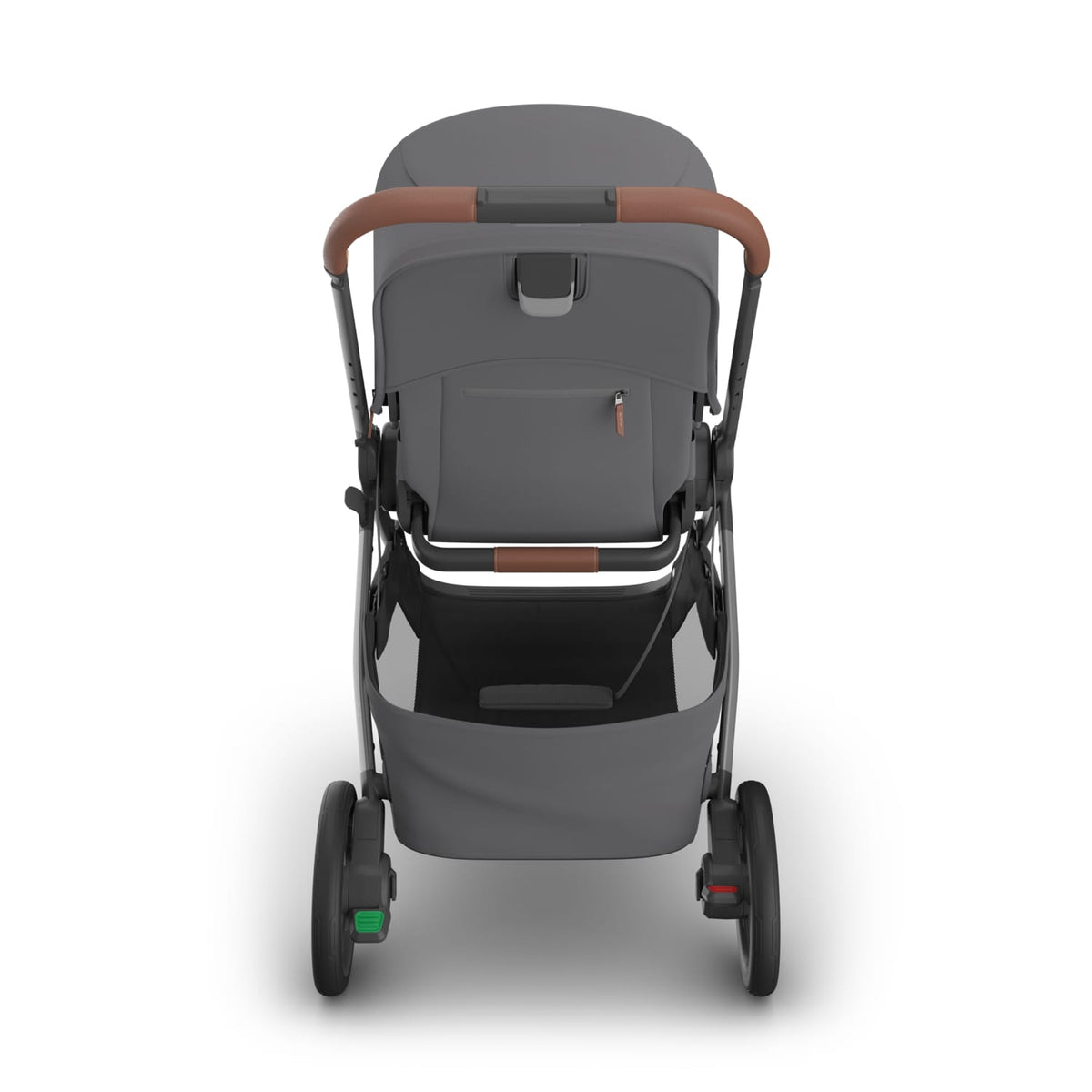 Rear view of UPPAbaby stroller with grey seat and brown leather handlebar