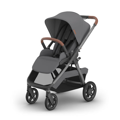 UPPAbaby grey stroller with brown leather accents