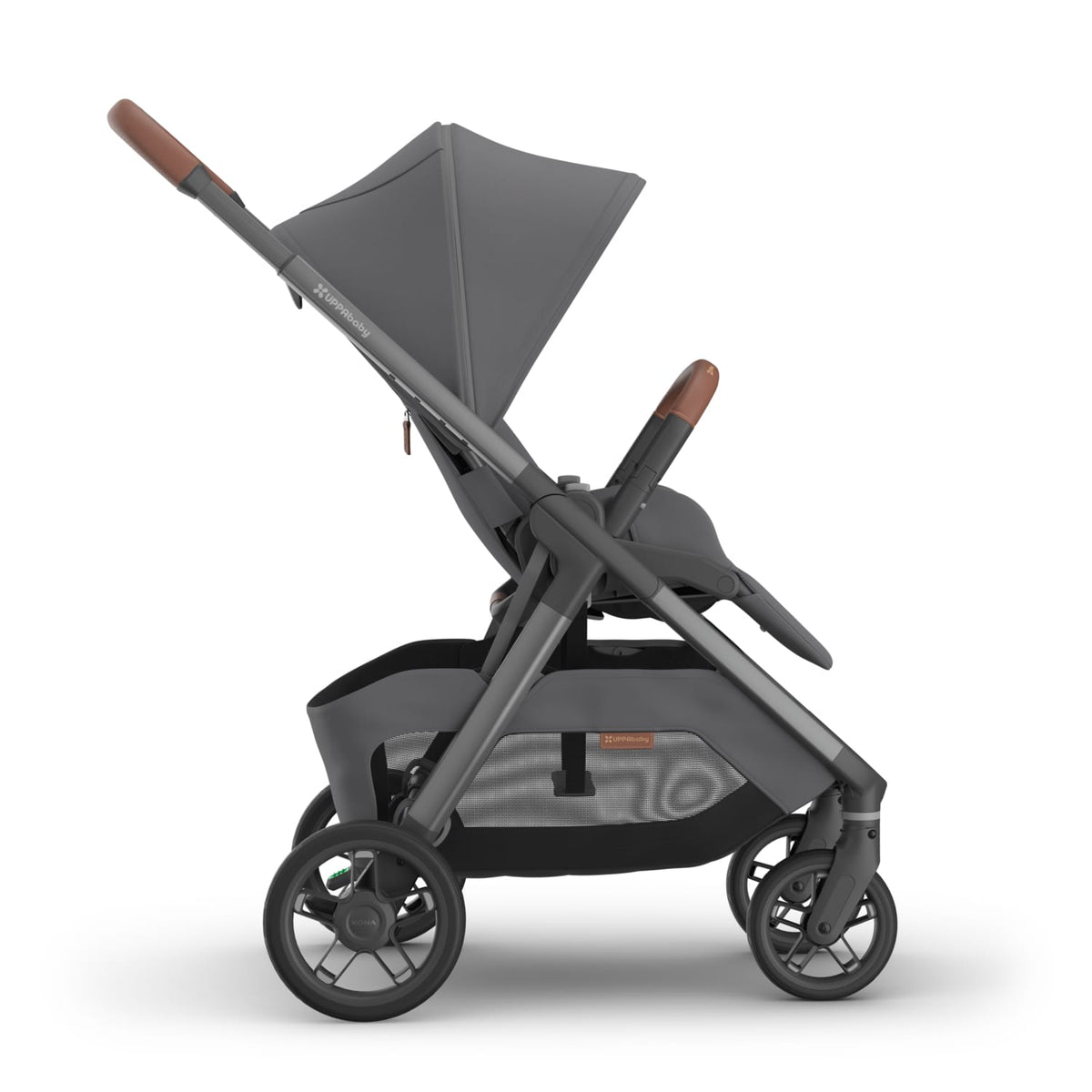 UPPAbaby grey stroller with brown leather handle and bumper bar