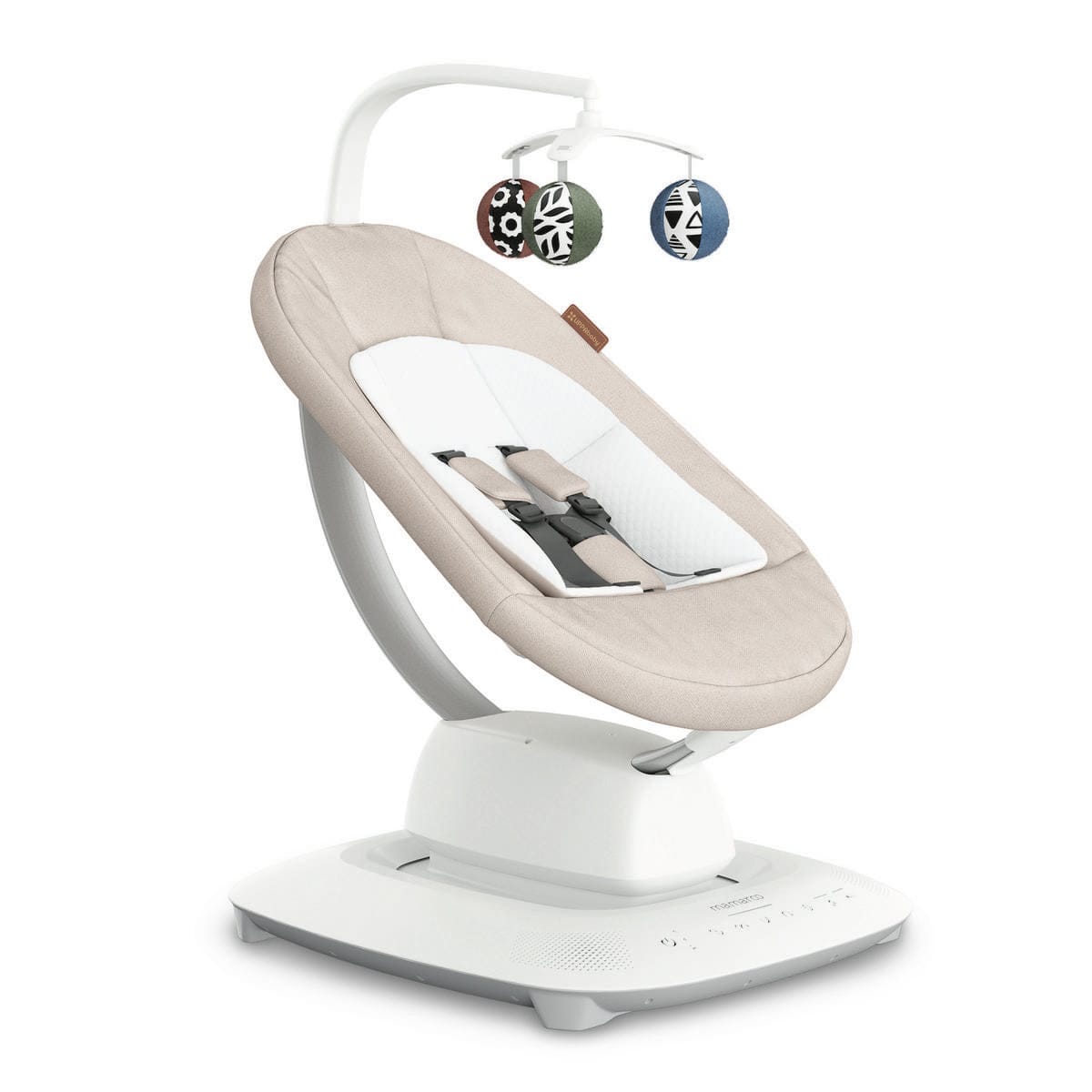 Sand melange multi-motion baby swing by UPPAbaby with white base, patterned hanging toys, and side view angle