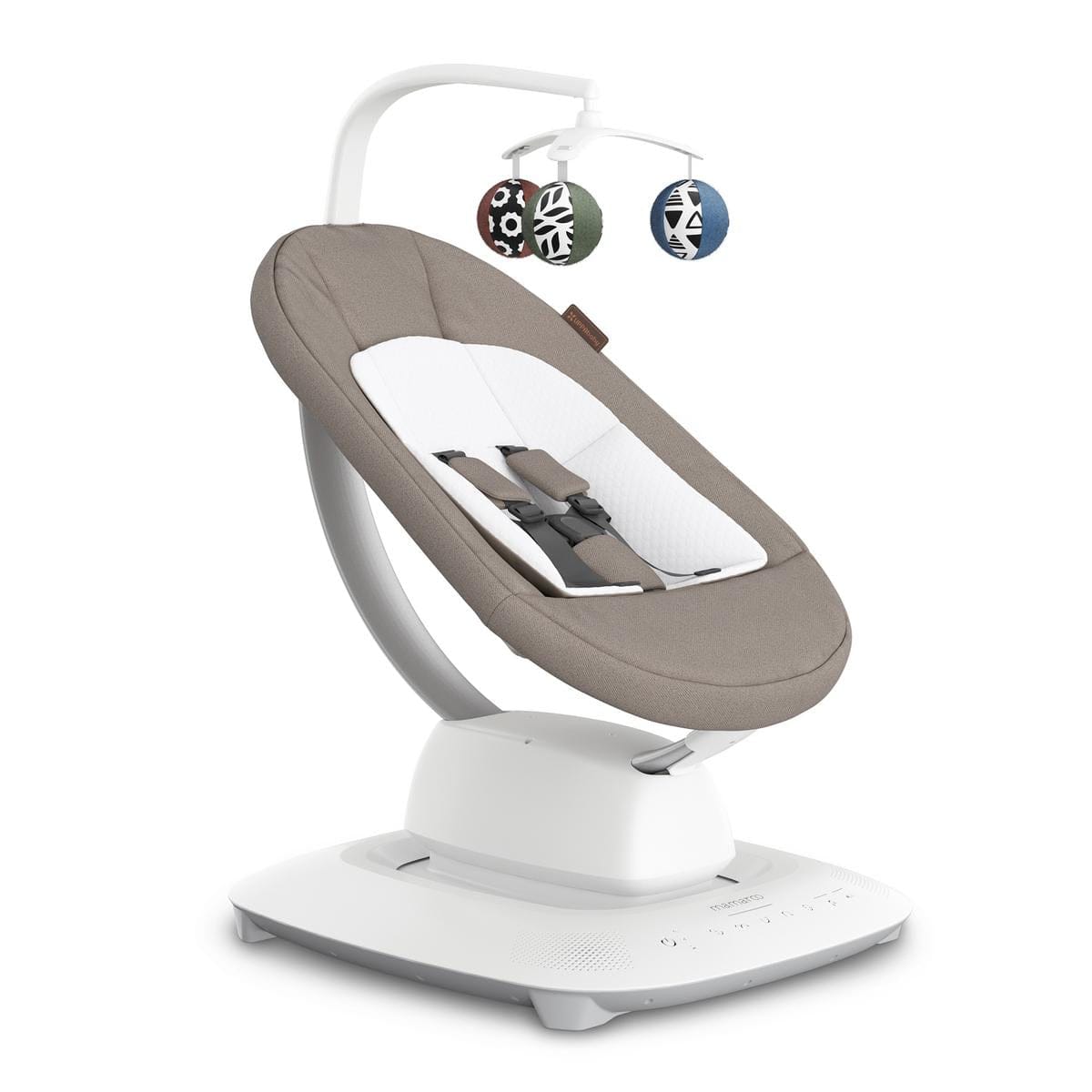 Dark taupe melange MamaRoo multi-motion baby swing by UPPAbaby with white base, patterned mobile, and textured fabric seat, side view