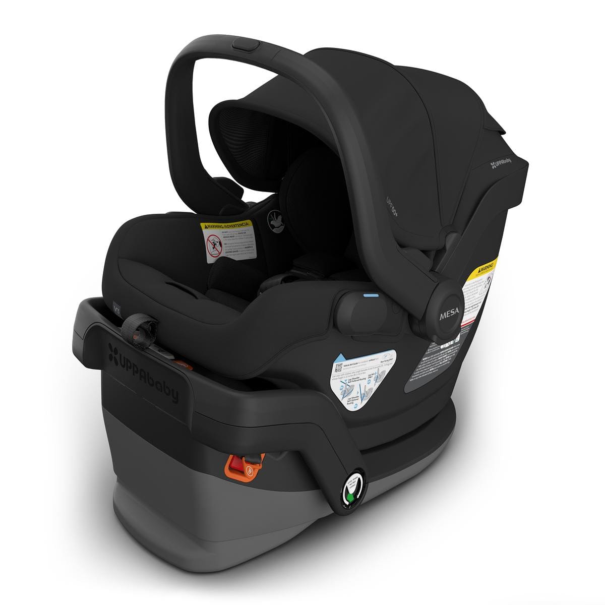 Charcoal UPPAbaby Mesa V3 infant car seat with padded canopy, side-impact protection, and orange harness release, shown in angled front view.
