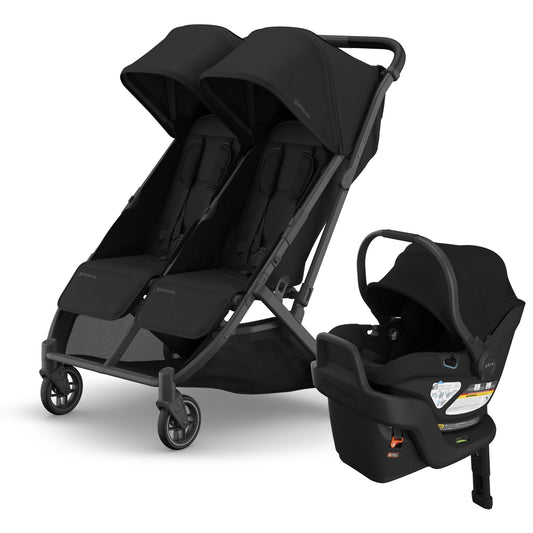 UPPAbaby Minu Duo double stroller and Aria infant car seat in black