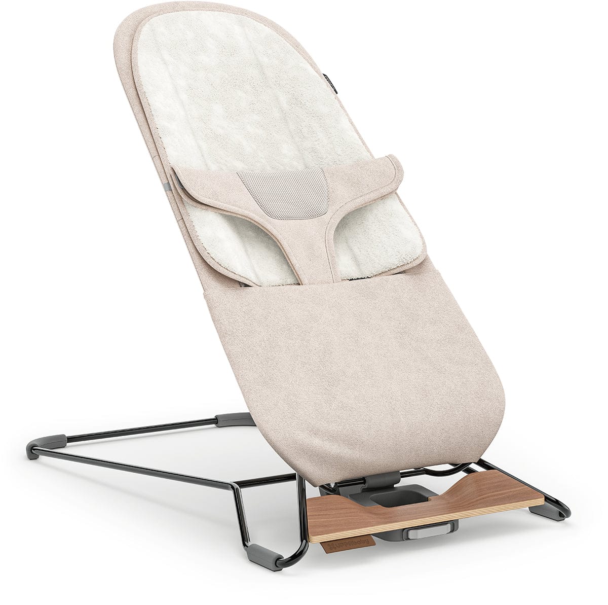 Sand melange fabric bouncer with black frame and walnut wood base by UPPAbaby, side view showing plush interior and textured upholstery