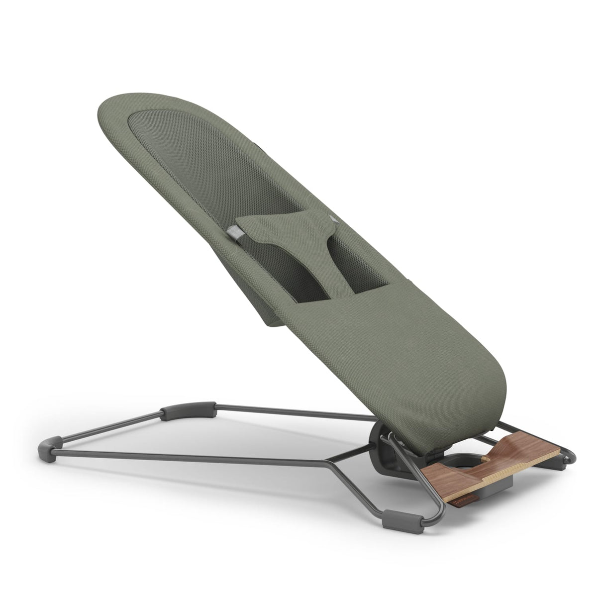 Olive green Stokke baby bouncer with a metal frame and wooden base detail