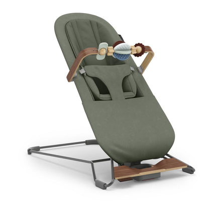 UPPAbaby Mira bouncer in olive green with wooden toy bar