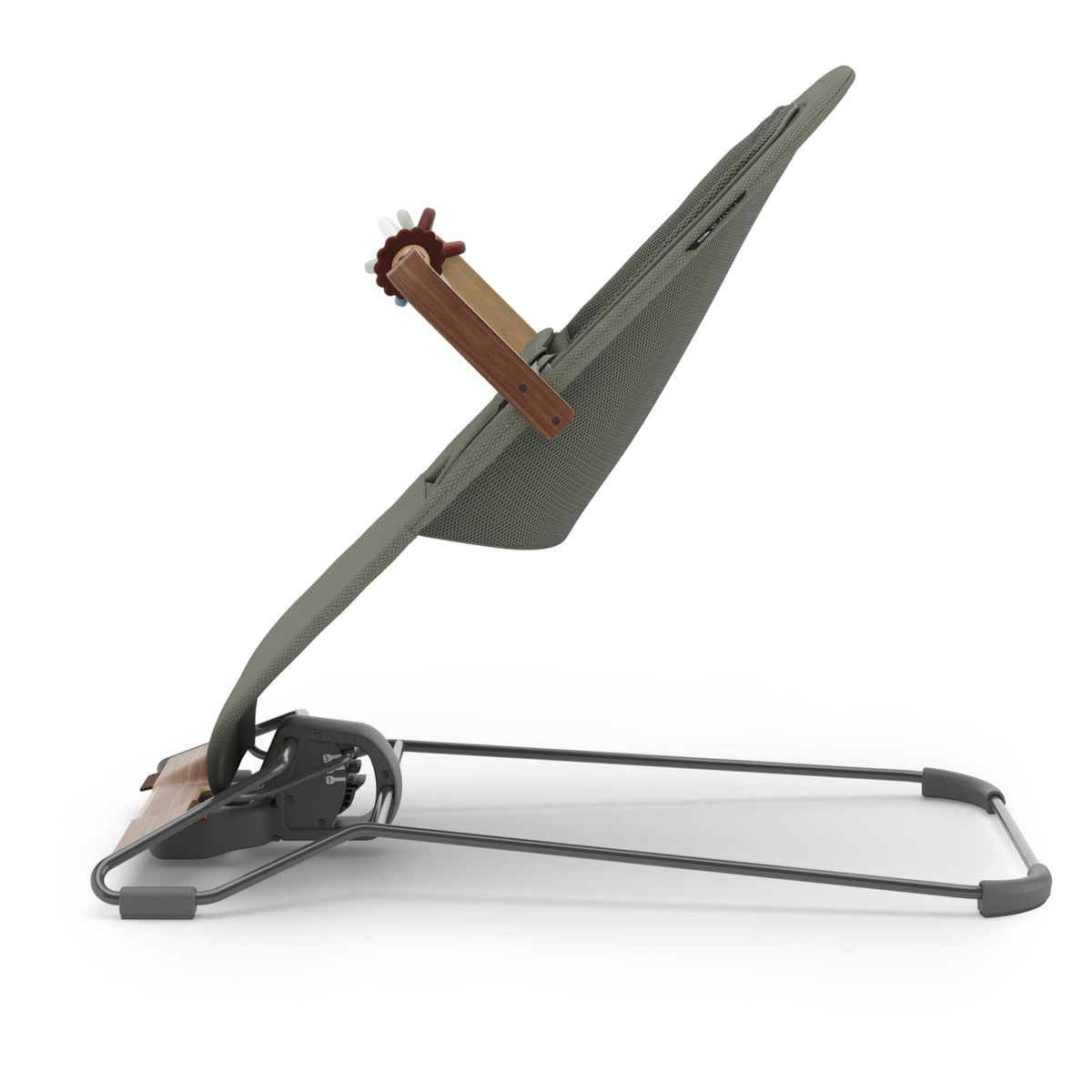 Side view of olive green baby bouncer with wooden toy bar on white background