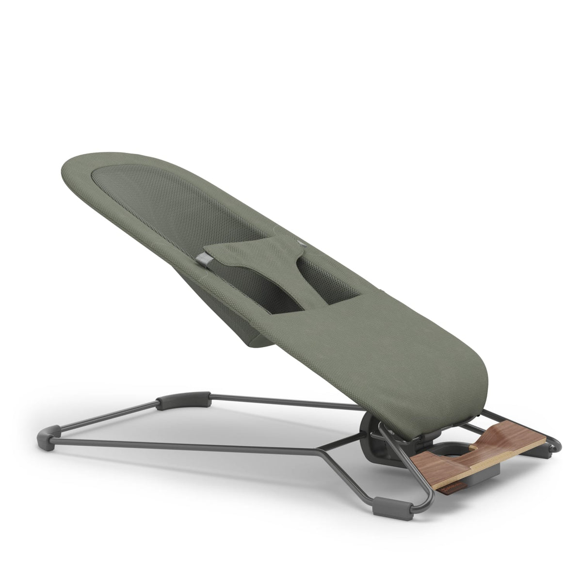Olive green baby bouncer with a metal frame and wooden base detail