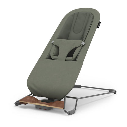 UPPAbaby Mira bouncer in olive green with wooden base