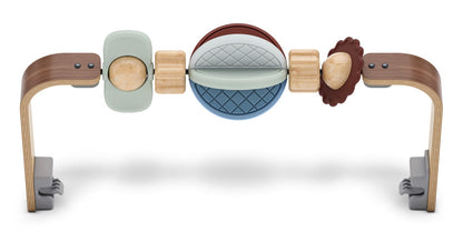 Wooden baby play gym arch with hanging textured silicone and wood sensory toys