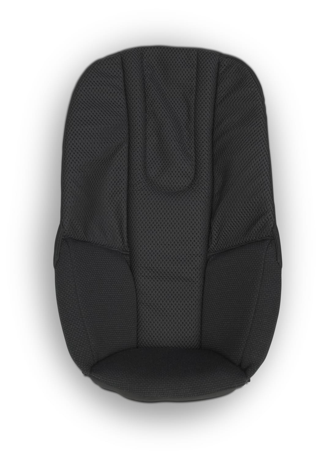 Black UPPAbaby stroller seat liner with mesh texture