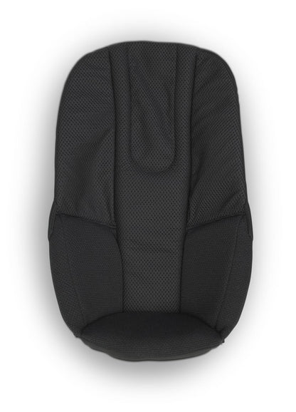 Black UPPAbaby stroller seat liner with mesh texture